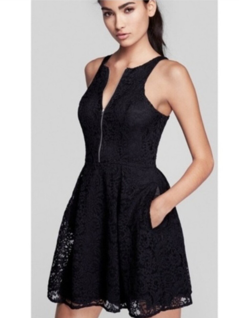 Express Black Lace Halter Mini Dress with Silver Zip